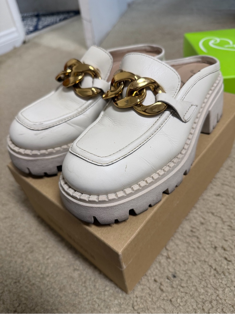 White Chunky Chain-Trim Leather Loafer Mule